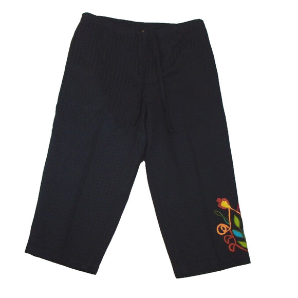 Mirasol Pants Crop Black Checkered Jacquard Floral Embroidered Womens Size‎ L - Picture 1 of 11
